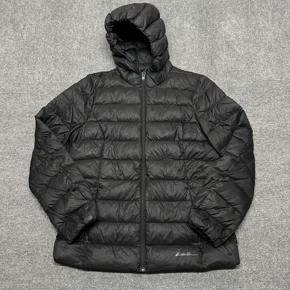 Eddie Bauer Jacket Womens Large Black Down Puffer Hooded Full Zip Packable EB650